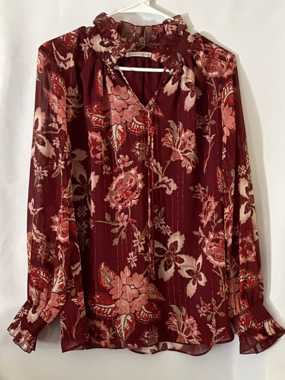 Violet & Claire Burgundy Floral Ruffle-Neck Sheer Long Sleeve Top